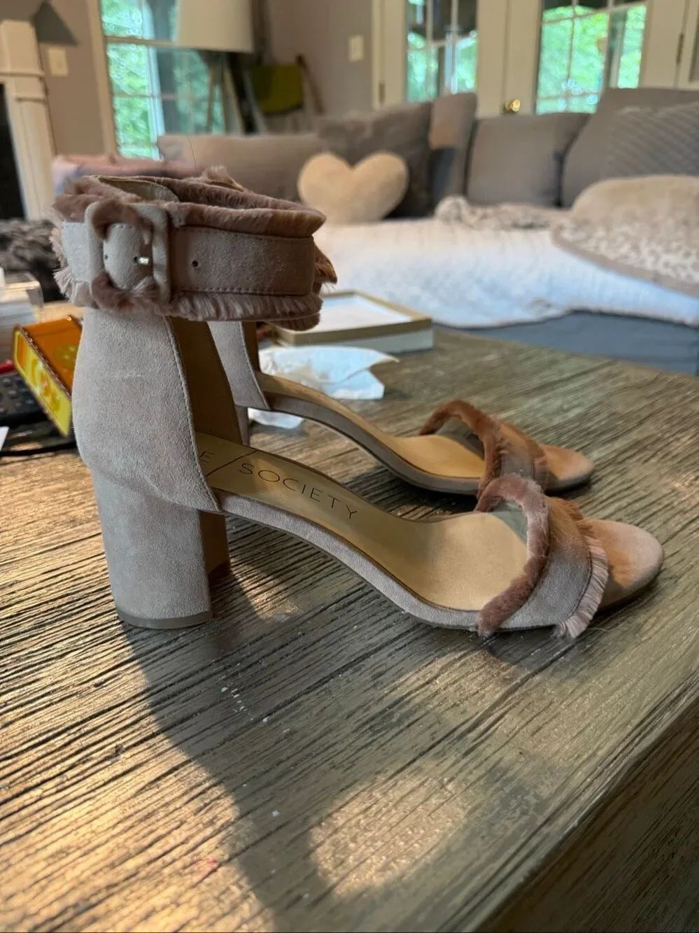 Sole Society Delilah Blue Fringe Trimmed Low Heel Strappy Sandals sz 11 EUC